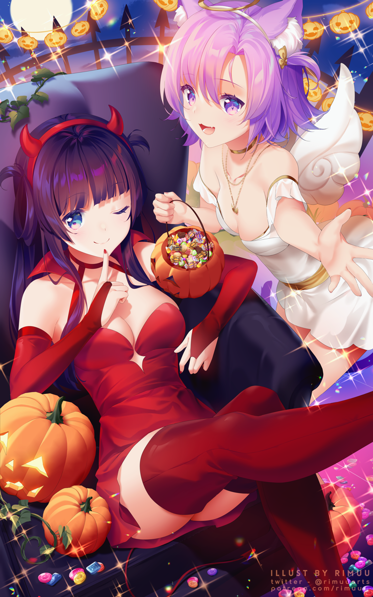 2girls :d ;) bangs bare_shoulders black_hair blue_eyes breasts bridal_gauntlets candy cleavage closed_mouth commentary dress fake_horns feet_out_of_frame food full_moon hair_between_eyes hairband halloween halloween_bucket highres horns jack-o'-lantern knee_up leg_up medium_breasts mini_wings moon multiple_girls nail_polish off_shoulder one_eye_closed one_side_up original outstretched_arm purple_eyes purple_hair red_dress red_hairband red_nails red_thighhighs rimuu smile sparkle symbol-only_commentary thighhighs twitter_username watermark web_address white_dress white_wings wings