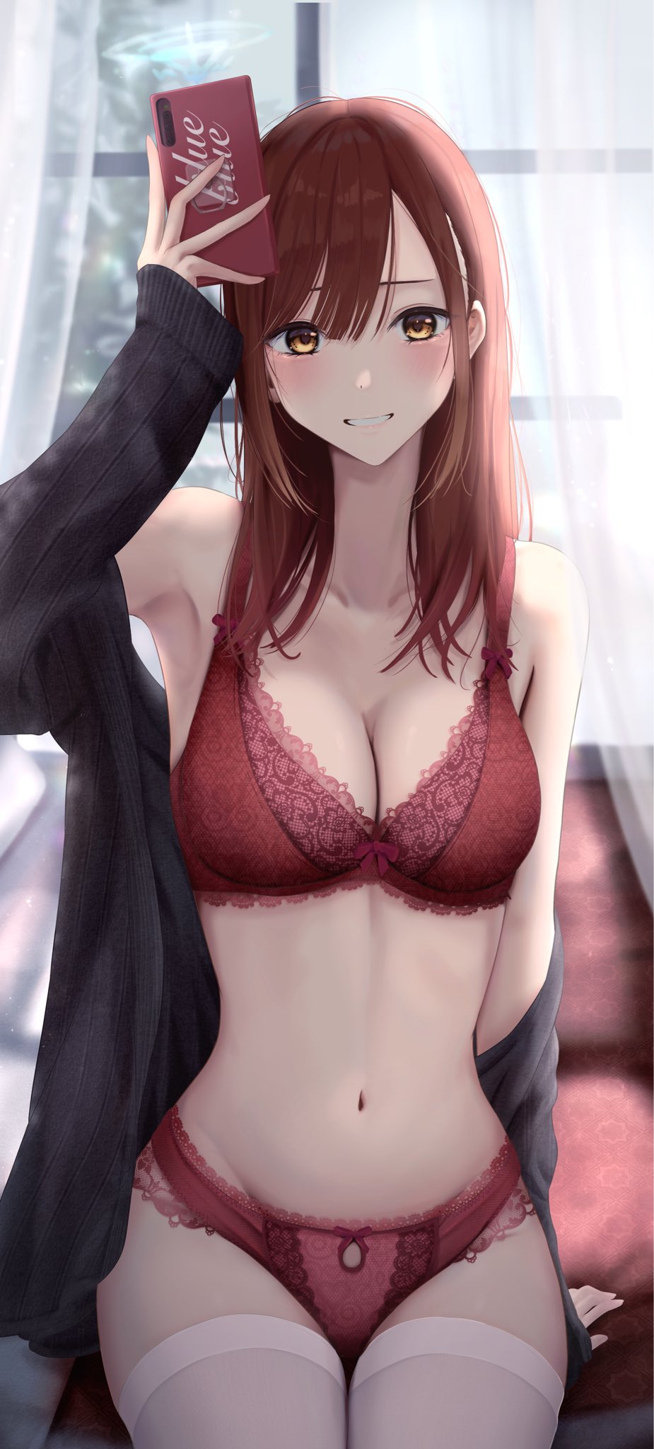 1girl armpits bangs black_sweater blush bow bow_bra bow_panties bra breasts brown_eyes brown_hair cellphone cleavage collarbone groin hair_between_eyes highres inaka_44 jacket lace lace-trimmed_bra lace-trimmed_panties lace_bra lace_panties lace_trim lingerie long_hair looking_at_viewer medium_breasts navel open_mouth orange_eyes original panties phone red_bow red_bra red_hair red_panties shirt simple_background sitting smartphone smile solo sweater sweater_jacket thighhighs underwear white_background white_thighhighs