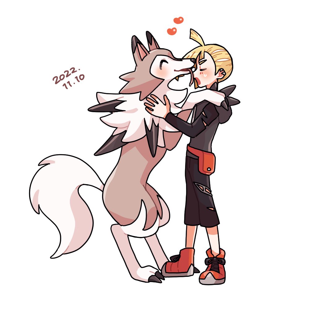 1boy affectionate ahoge bangs black_pants black_shirt blonde_hair commentary_request daifuku_(pokefuka_art) dated ear_piercing fanny_pack from_side gladion_(pokemon) grey_vest heart hood hooded_vest hoodie lycanroc lycanroc_(midday) male_focus pants piercing pokemon pokemon_(creature) pokemon_(game) pokemon_sm red_bag red_footwear shirt shoes short_hair simple_background torn_clothes torn_pants torn_shirt vest white_background