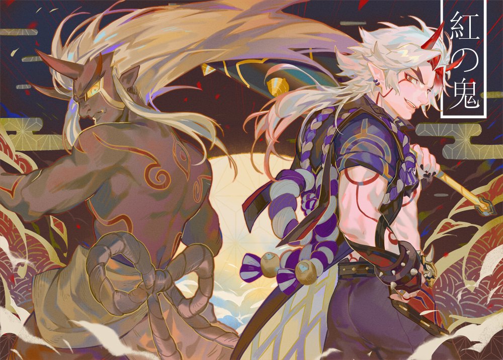 2boys arataki_itto bishounen cowboy_shot cwilocky ear_piercing genshin_impact horns japanese_clothes kanji long_hair looking_at_viewer male_focus multiple_boys oni oni_horns piercing pointy_ears red_horns smile tattoo toned toned_male white_hair