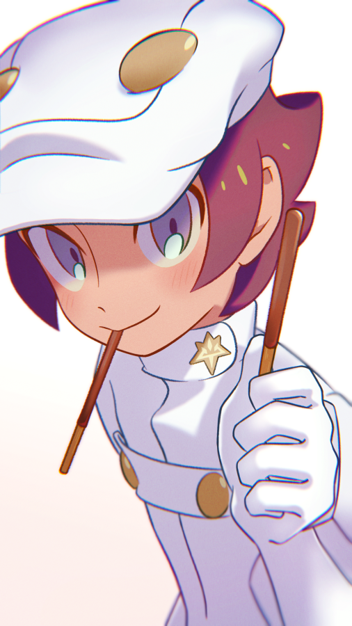 1boy aether_foundation_employee aether_foundation_uniform blurry blush brown_hair closed_mouth food grey_eyes hand_up hat holding holding_food holding_pocky jumpsuit komurapk looking_at_viewer male_focus mouth_hold pocky pocky_in_mouth pokemon pokemon_(game) pokemon_sm short_hair smile solo upper_body white_headwear white_jumpsuit