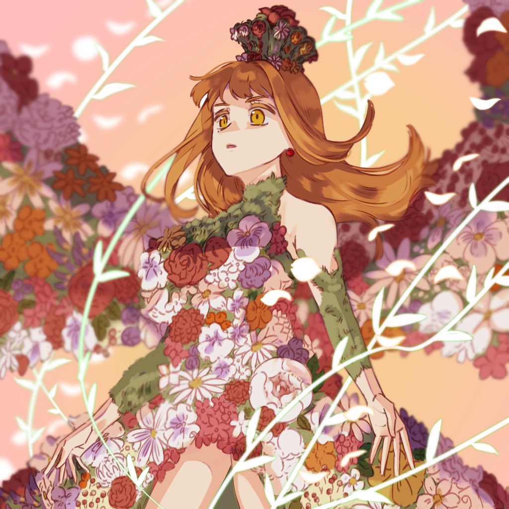 1girl black_clover earrings flower flower_dress flower_wings hair_flower hair_ornament head_wreath jewelry long_hair mimosa_vermillion orange_hair plant solo sumuna_sunaco vines wings yellow_eyes