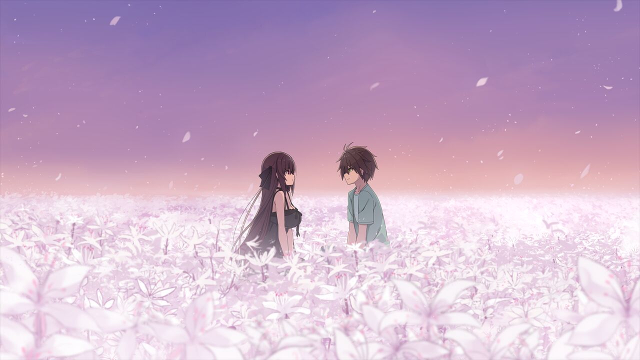 1boy 1girl ao_no_kanata_no_four_rhythm aqua_shirt black_bow black_dress bow breasts brown_eyes brown_hair cleavage collarbone couple dress eye_contact field flower flower_field game_cg hair_bow hetero hinata_masaya large_breasts long_hair looking_at_another open_clothes open_shirt profile purple_sky shirt short_hair short_sleeves sleeveless sleeveless_dress suzumori tobisawa_misaki very_long_hair white_flower