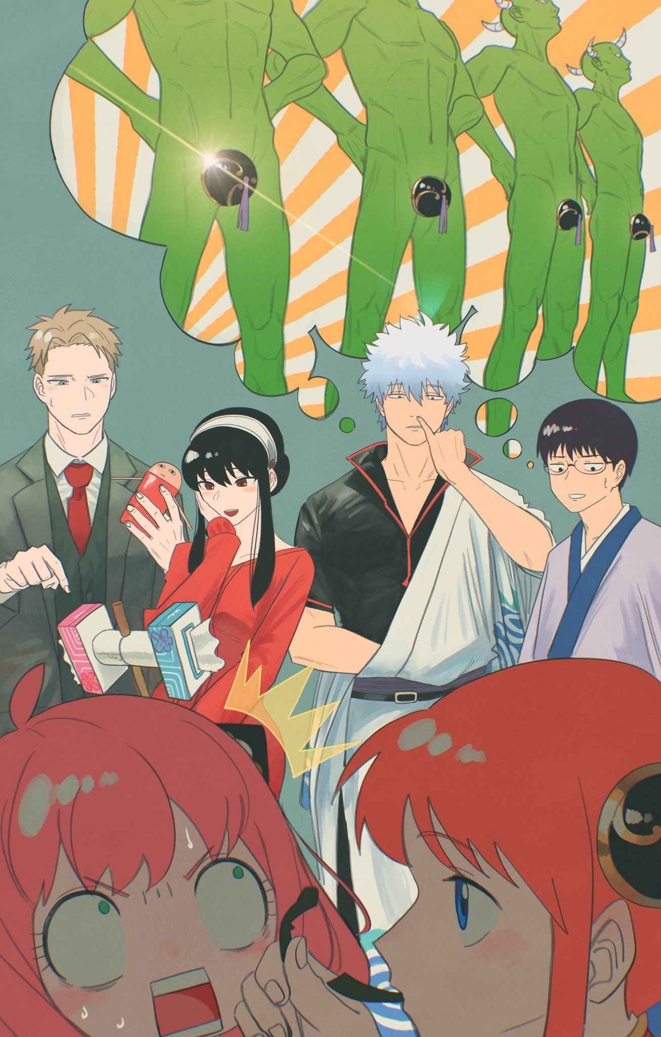 3boys 3girls ^^^ anya_(spy_x_family) black_eyes black_hair blue_eyes brown_eyes brown_hair constricted_pupils crossover dress formal gintama glasses green_eyes grey_hair hairband hand_on_own_cheek hand_on_own_face height_difference highres jacket japanese_clothes justaway kagura_(gintama) kimono long_sleeves medium_hair mind_reading multiple_boys multiple_girls necktie pink_hair pointing red_hair sakata_gintoki shimura_shinpachi short_hair_with_long_locks sidelocks smile spy_x_family suit suit_jacket surprised sweat sweater sweater_dress thought_bubble twilight_(spy_x_family) urachan1629 v-shaped_eyebrows vest wide-eyed yor_briar