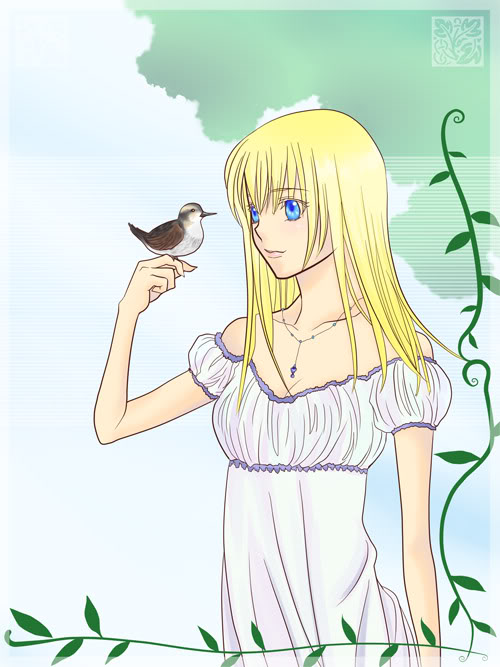 1girl artist_request bird blonde_hair blue_eyes claire_(harvest_moon) female harvest_moon jewelry leaf necklace