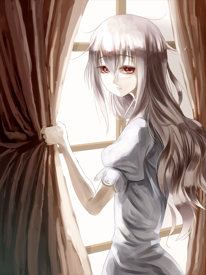bad_id bad_pixiv_id banned_artist curtains long_hair original paseri red_eyes silver_hair solo window