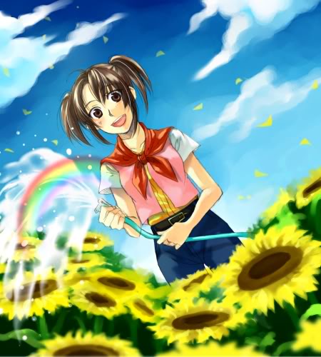 1girl artist_request brown_hair female flower harvest_moon hose looking_at_viewer lowres nature open_mouth outdoors sky smile solo sunflower tina_(harvest_moon)