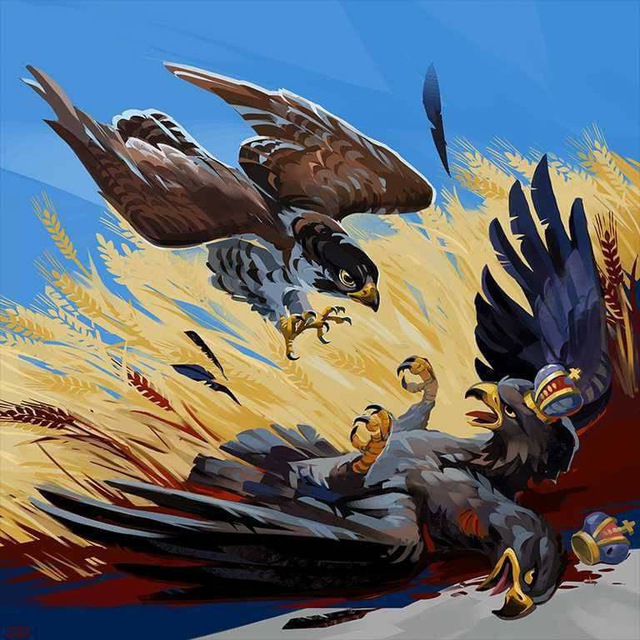 1:1 2022 2_heads accipitrid accipitriform ambiguous_gender avian beak bird black_body black_eyes black_feathers blood blood_pool blue_background bodily_fluids brown_body brown_feathers claws crown daria_demenkova duo eagle feathers feral field fight flying lying multi_head on_back open_mouth politics russia russian russian_flag russo-ukrainian_war simple_background sky tongue tongue_out ukraine ukrainian_flag unconscious violence war wheat wheat_field white_body white_feathers wounded yellow_sclera