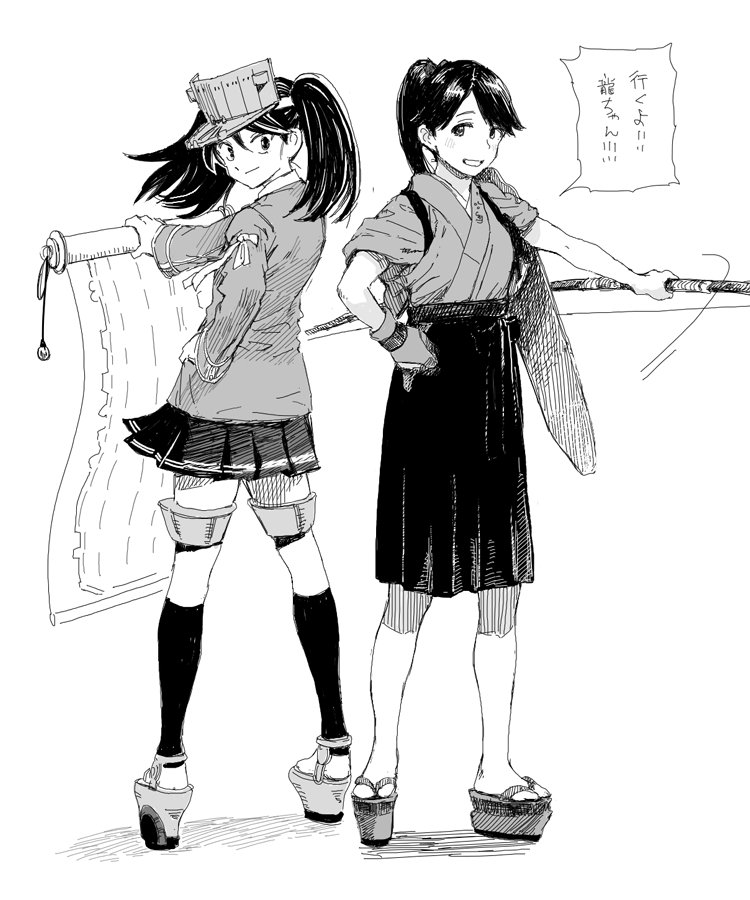 2girls bow_(weapon) collaboration commentary_request flight_deck gloves greyscale gufu_(guffuumu) hakama hakama_skirt hand_on_hip hiro_(chumo) holding holding_scroll houshou_(kancolle) japanese_clothes kantai_collection kariginu kneehighs looking_back miniskirt monochrome multiple_girls partially_fingerless_gloves platform_footwear pleated_skirt ponytail ryuujou_(kancolle) scroll skirt socks translation_request twintails visor_cap weapon yugake