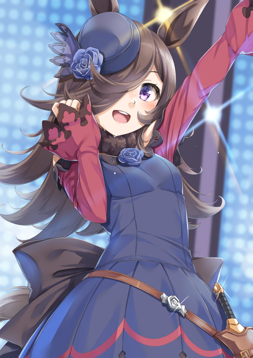 1girl :d animal_ears arm_up bangs bare_shoulders black_bow black_headwear blue_dress blue_flower blue_rose blurry blurry_background blush bow breasts brown_hair commentary_request dagger depth_of_field dress flower glint hair_over_one_eye hat hat_flower horse_ears horse_girl horse_tail knife long_hair looking_at_viewer miri_(ago550421) off-shoulder_dress off_shoulder purple_eyes rice_shower_(umamusume) rose sheath sleeves_past_wrists small_breasts smile solo tail tilted_headwear umamusume very_long_hair weapon
