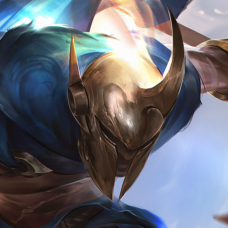 1boy blue_cape cape closed_mouth day helm helmet holding holding_weapon league_of_legends male_focus outdoors pantheon_(league_of_legends) shiny solo upper_body weapon wutu_(1183238220)