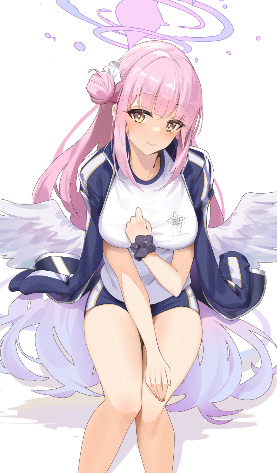 1girl bangs bare_legs blue_archive blue_jacket blunt_bangs blush breasts closed_mouth commentary_request feet_out_of_frame hair_bun halo highres jacket jacket_on_shoulders kakumayu large_breasts long_hair looking_at_viewer low_wings mika_(blue_archive) pink_hair scrunchie shirt simple_background single_side_bun sitting smile solo very_long_hair white_background white_shirt wings wrist_scrunchie yellow_eyes