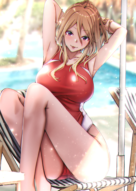 1girl :p armpits arms_up bangs blurry blurry_background blush breasts brown_hair closed_mouth collarbone commentary_request hair_between_eyes idolmaster idolmaster_shiny_colors izumi_mei large_breasts looking_at_viewer outdoors red_one-piece_swimsuit shohei_(piranha5hk) sitting solo swimsuit thighs tongue tongue_out