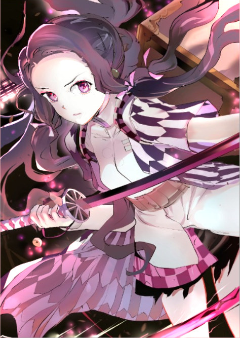 119 1girl brown_hair cowboy_shot dress_shirt floating_hair haori holding holding_sword holding_weapon japanese_clothes kamado_nezuko katana kimetsu_no_yaiba long_hair looking_at_viewer parted_lips pink_eyes shirt short_sleeves solo standing sword very_long_hair weapon white_shirt