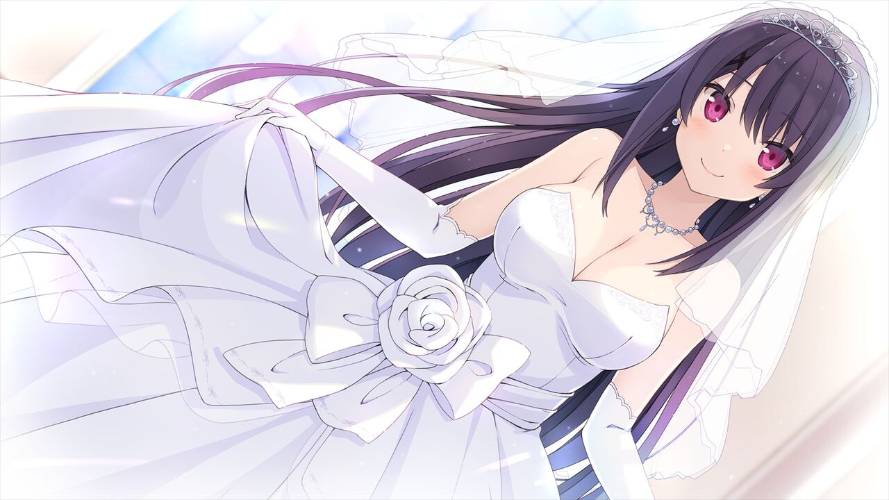 1girl ao_no_kanata_no_four_rhythm bangs breasts bridal_veil brown_hair cleavage closed_eyes collarbone diadem dress dutch_angle earrings elbow_gloves floating_hair game_cg gloves hair_between_eyes hair_ornament jewelry large_breasts long_dress long_hair looking_at_viewer necklace shiny shiny_hair skirt_hold solo standing strapless strapless_dress suzumori tobisawa_misaki veil very_long_hair wedding_dress white_dress white_gloves x_hair_ornament