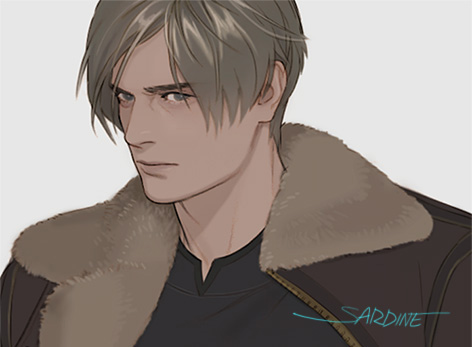 1boy artist_name bangs black_shirt brown_hair brown_jacket fur_collar grey_eyes jacket leon_s._kennedy looking_at_viewer lowres male_focus mature_male open_clothes open_jacket parted_bangs portrait resident_evil sardine_(kjr0313) shirt short_hair solo upper_body white_background