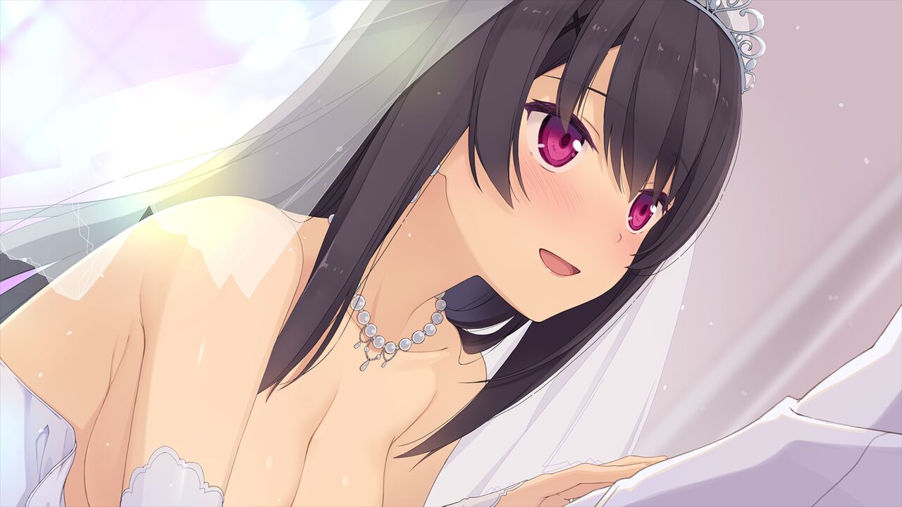 1girl :d ao_no_kanata_no_four_rhythm bangs blush breasts bridal_veil brown_hair cleavage clothes_pull collarbone detached_sleeves diadem dress dress_pull game_cg hair_between_eyes jewelry large_breasts long_hair long_sleeves looking_at_another looking_up necklace open_mouth red_eyes shiny shiny_hair shiny_skin smile solo_focus strapless strapless_dress suzumori tobisawa_misaki veil white_dress white_sleeves