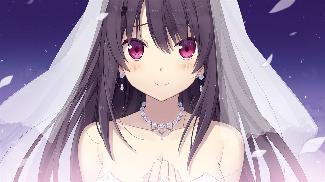 1girl ao_no_kanata_no_four_rhythm bangs breasts bridal_veil brown_hair cleavage closed_mouth collarbone earrings floating_hair game_cg hair_between_eyes hair_ornament jewelry large_breasts long_hair looking_at_viewer necklace purple_background purple_sky red_eyes shiny shiny_hair smile solo strapless suzumori tobisawa_misaki upper_body veil x_hair_ornament