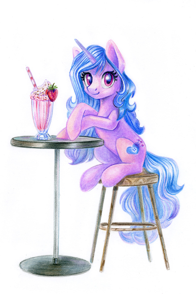 2022 blue_hair blue_tail clothing colored_pencil_(artwork) cutie_mark equid equine eyelashes female feral food fruit fur furniture gem hair hasbro hat headgear headwear horn horse izzy_moonbow_(mlp) long_hair looking_at_viewer mammal maytee milkshake mlp_g5 my_little_pony plant pony purple_body purple_eyes purple_fur simple_background sitting sitting_on_stool smile smiling_at_viewer solo stool straw strawberry table traditional_media_(artwork) unicorn white_background