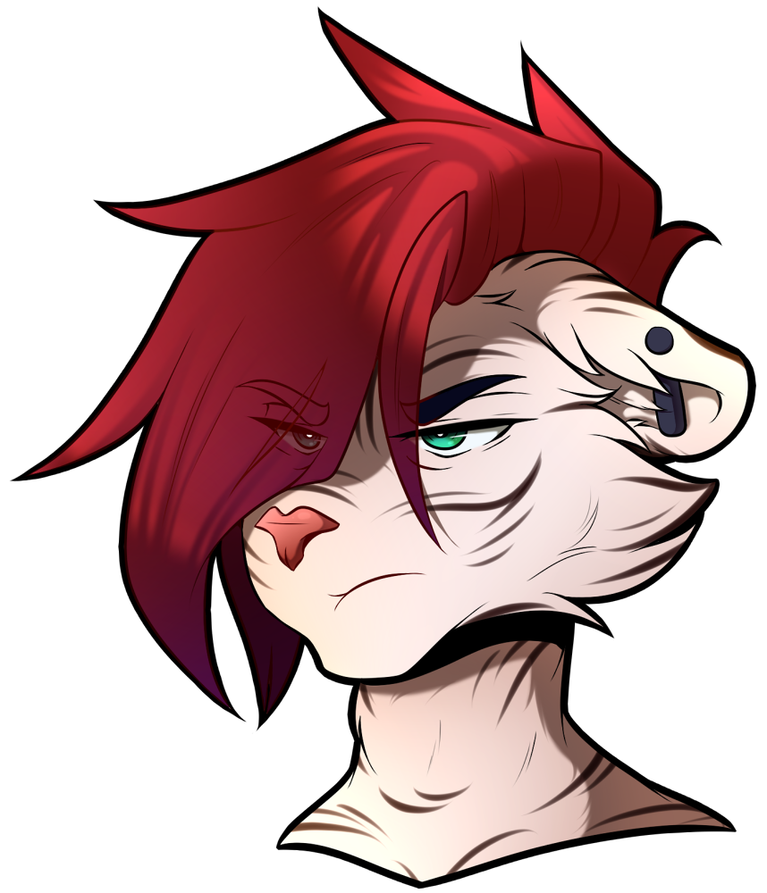 alpha_channel anthro felid finnian_ennis frown glare green_eyes hair hazelkisses male male/male mammal moody pantherine piercing red_hair solo tiger unimpressed