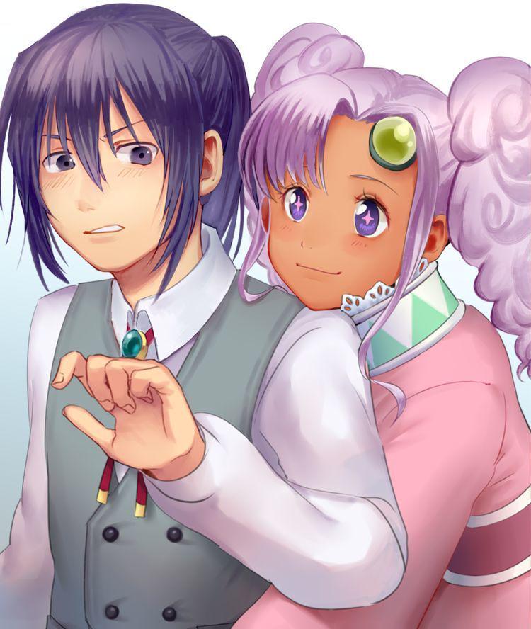 +_+ 1boy 1girl blue_eyes blue_hair closed_mouth dark-skinned_female dark_skin dress hat keele_zeibel long_hair looking_at_viewer meredy_(tales) penguu_(green528) ponytail purple_eyes purple_hair simple_background smile tales_of_(series) tales_of_eternia twintails