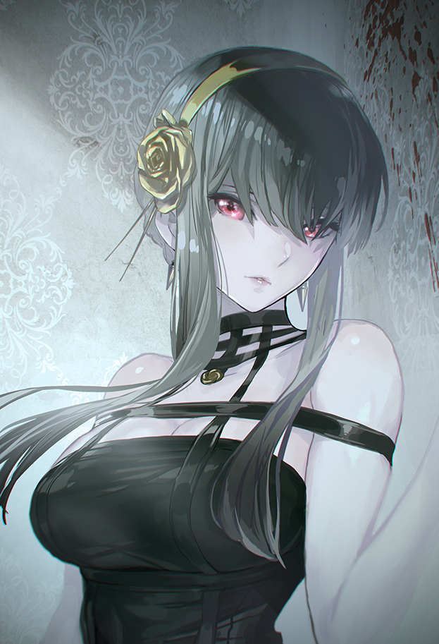 1girl bare_shoulders black_dress black_hair blood_on_wall breasts cleavage dress earrings flower gold_hairband grey_background hair_between_eyes hair_flower hair_ornament hair_stick jewelry large_breasts long_hair looking_at_viewer maeshima_shigeki pale_skin parted_lips red_eyes sidelocks solo spy_x_family upper_body yor_briar