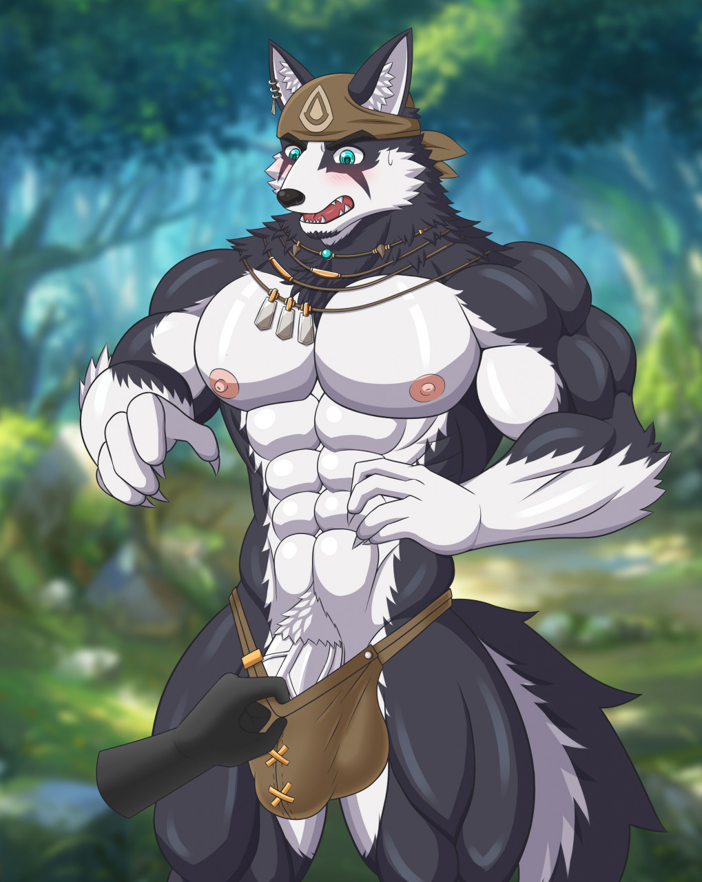 anthro black_body black_fur canid canine canis domestic_dog fur genitals hi_res husky kemo_coliseum male mammal muscular muscular_anthro muscular_male nipples nordic_sled_dog penis solo spitz vein veiny_penis volga white-snow-wolf white_body white_fur