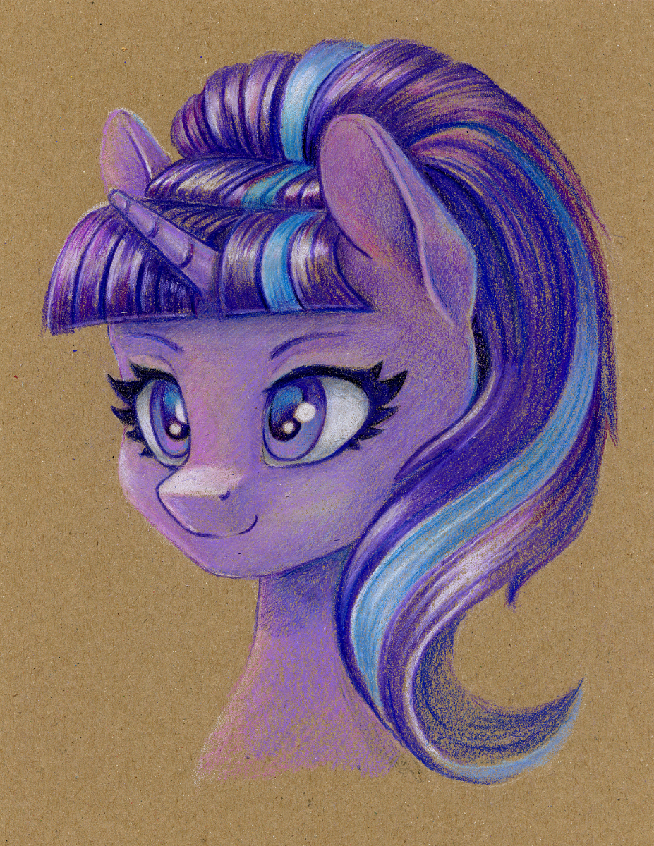 2022 blue_highlights brown_background bust_portrait colored_pencil_(artwork) equid equine eyelashes female feral friendship_is_magic fur hair hasbro hi_res highlights_(coloring) horn horse mammal maytee my_little_pony pink_body pink_fur pony ponytail portrait purple_eyes purple_hair signature simple_background smile solo starlight_glimmer_(mlp) three-quarter_view traditional_media_(artwork) unicorn