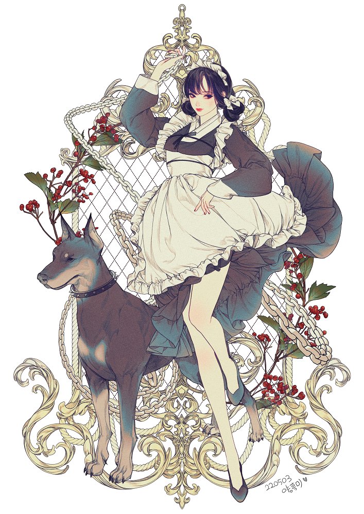 1girl adapted_costume animal apron arm_up bangs black_dress black_footwear black_hair branch breasts chain closed_mouth collar dated doberman dog double_bun dress food frilled_apron frills fruit full_body hair_bun hanbok ironwork korean_clothes korean_commentary korean_text lemon89h light_smile long_sleeves looking_at_viewer maid maid_headdress original puffy_long_sleeves puffy_sleeves red_lips shoes short_dress sideways_glance spiked_collar spikes standing standing_on_one_leg white_apron white_background