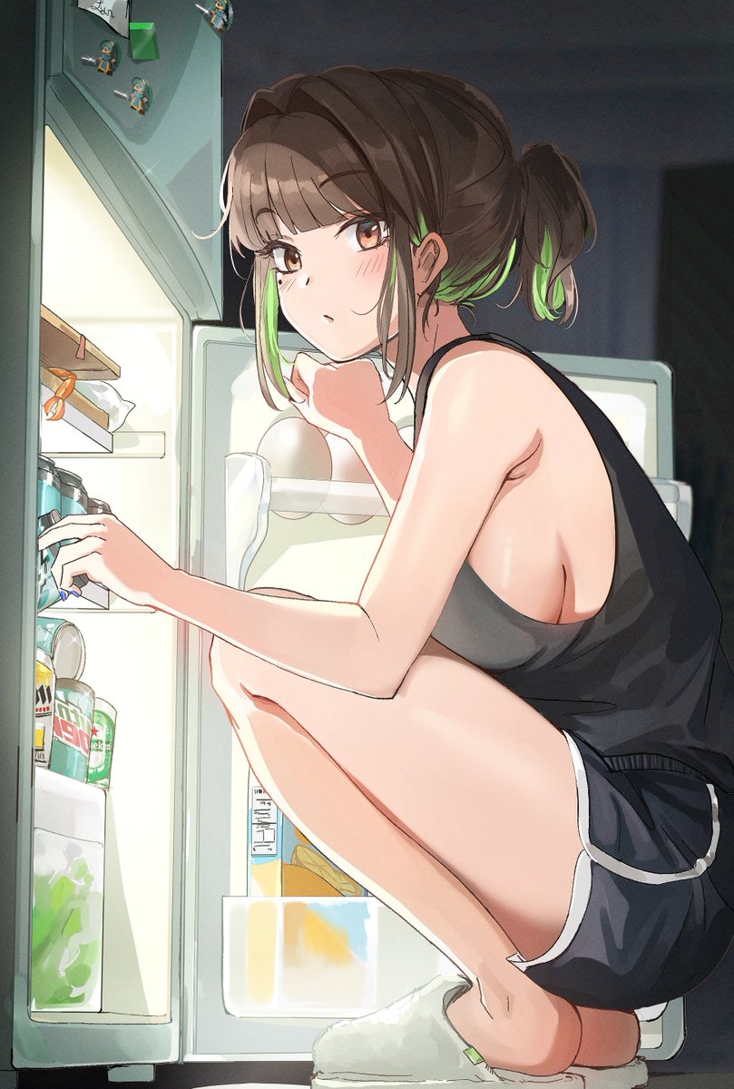 1girl bangs black_tank_top blue_nails blush box breasts brown_eyes brown_hair can closed_mouth colored_inner_hair crab egg green_hair highres holding indoors large_breasts looking_at_viewer lyn_(fire_emblem) magnet medium_hair miru_(ormille) mole mole_under_eye multicolored_hair orange_juice original ormille refrigerator refrigerator_magnet short_hair short_ponytail shorts sideboob slippers soda_can tank_top thighs two-tone_hair