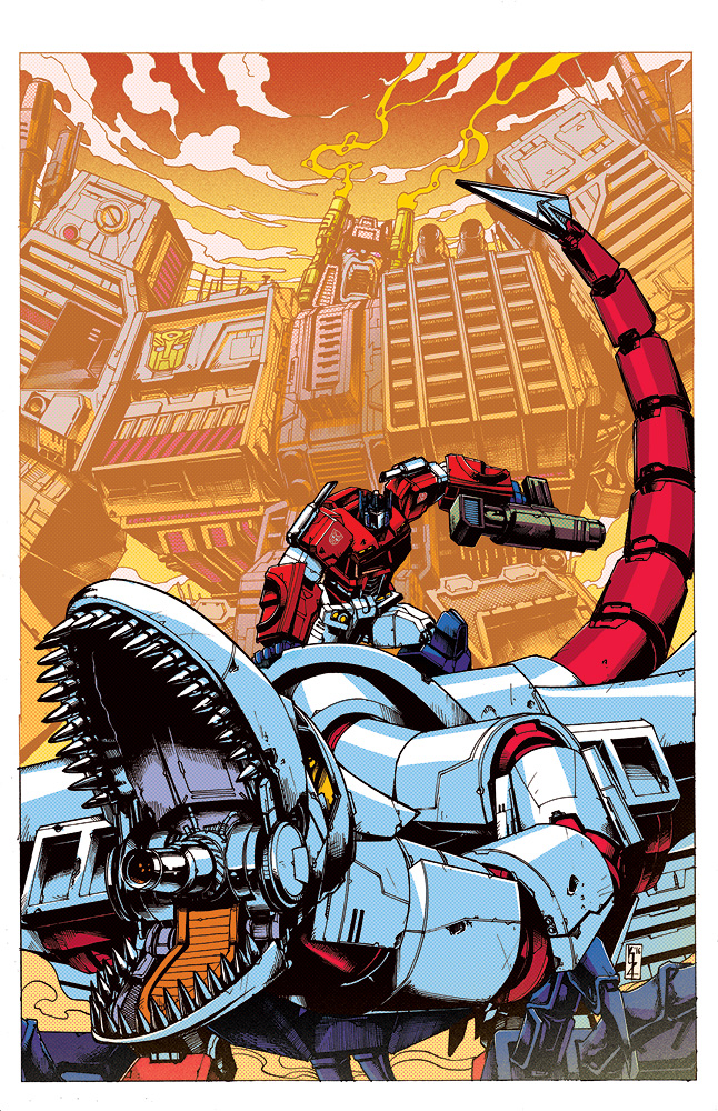 autobot bad_deviantart_id bad_id blue_eyes border cloud collaboration comic_cover cover_image gun holding holding_gun holding_weapon josh_burcham kei_zama looking_at_viewer looking_up mecha metroplex official_art open_mouth optimus_prime robot science_fiction sharp_teeth sky sky_lynx tail teeth the_transformers_(idw) transformers weapon white_border