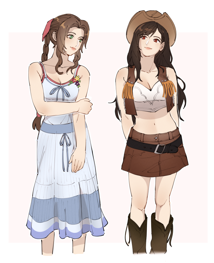 2girls aerith_gainsborough arms_behind_back bangs bare_arms belt black_belt black_hair blue_ribbon boots braid braided_ponytail breasts brown_hair brown_skirt brown_vest cleavage collarbone cowboy_boots cowboy_hat crisis_core_final_fantasy_vii crop_top dress feet_out_of_frame final_fantasy final_fantasy_vii fringe_trim green_eyes hair_ribbon hat holding_own_arm leather_skirt leather_vest long_hair looking_to_the_side loose_belt medium_breasts midriff miniskirt multiple_girls navel official_alternate_costume parted_bangs perlmuttt pink_ribbon red_eyes ribbon shirt sidelocks simple_background skirt sleeveless sleeveless_dress sleeveless_shirt smile spaghetti_strap standing striped striped_dress sundress tifa_lockhart vest wavy_hair white_dress white_shirt