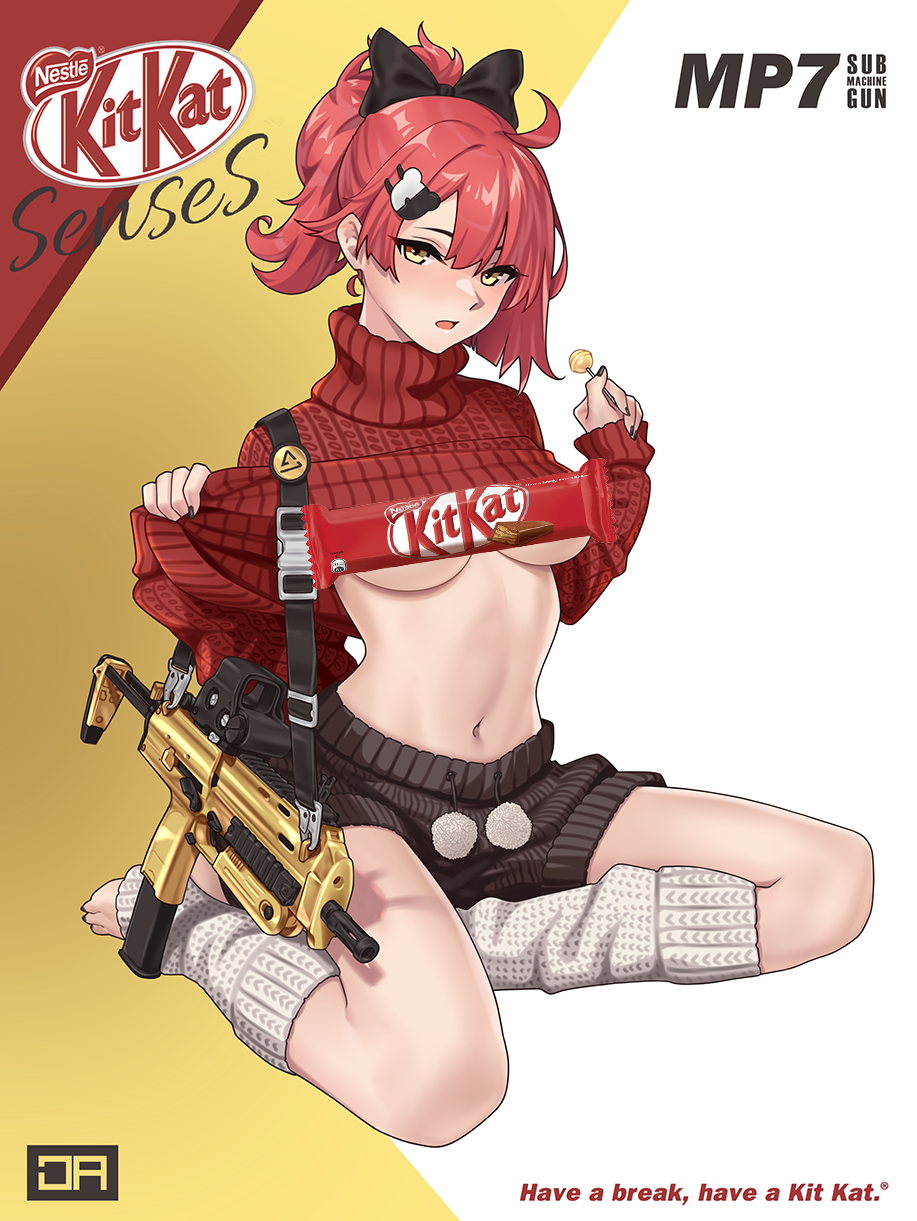1girl ahoge alternate_costume breasts candy english_commentary food girls'_frontline gun h&amp;k_mp7 highres j_adsen kitkat kneeling lollipop medium_breasts mixed-language_commentary mp7_(girls'_frontline) navel pom_pom_(clothes) ponytail red_hair ribbon russian_commentary shorts solo submachine_gun sweater toes turtleneck turtleneck_sweater underboob weapon white_leg_warmers yellow_eyes