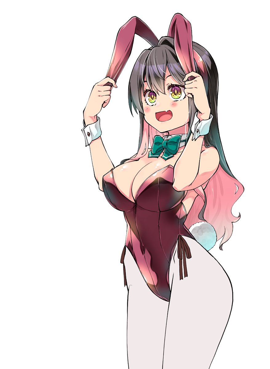 alternate_costume animal_ears aqua_bow aqua_bowtie black_hair bow bowtie breasts covered_navel cowboy_shot detached_collar fake_animal_ears fake_tail fang grey_pantyhose highres imu_sanjo kantai_collection large_breasts leotard long_hair multicolored_hair naganami_(kancolle) pantyhose pink_hair pink_leotard playboy_bunny rabbit_ears rabbit_tail strapless strapless_leotard tail traditional_bowtie two-tone_hair wavy_hair wrist_cuffs yellow_eyes