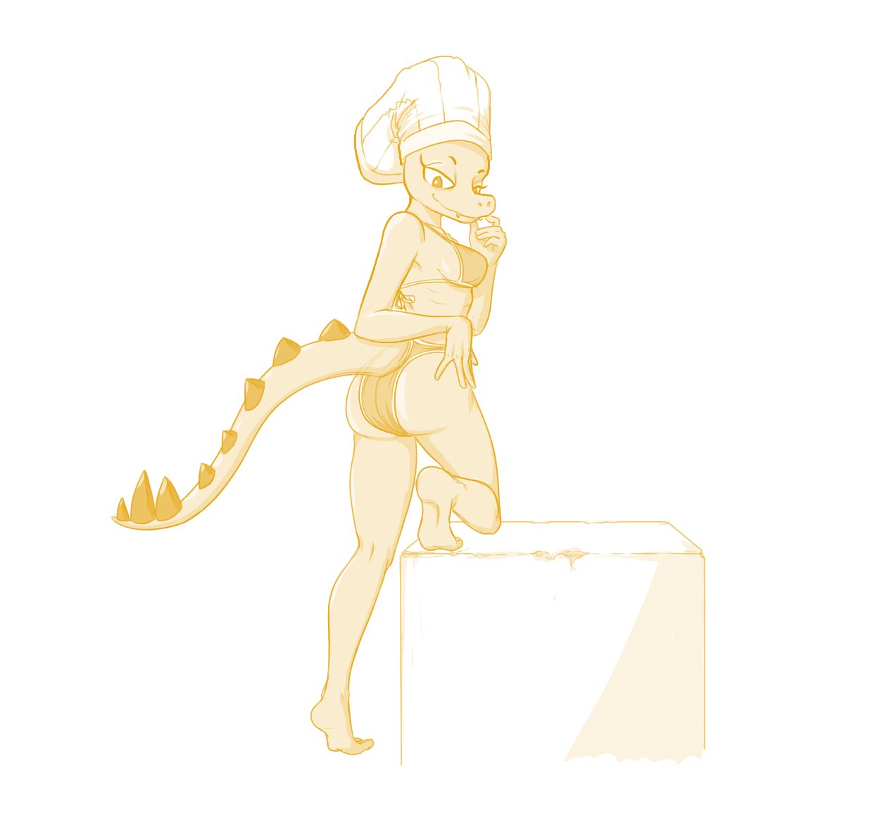 anthro big_butt bikini bikini_bottom bikini_top butt chef_hat clothed clothing cooking_with_tracy female half-closed_eyes hat headgear headwear humanoid long_snout looking_back looking_down monochrome narrowed_eyes pinup pose presenting presenting_hindquarters protonmono rear_view reptile scalie simple_background sketch skimpy snout solo swimwear thick_thighs tracy_(cwt) video_games white_background