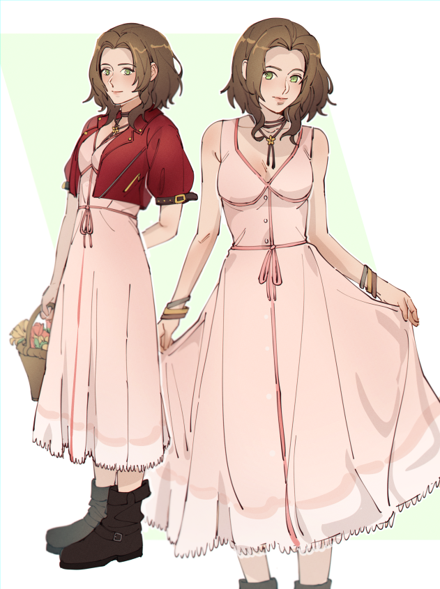 1girl aerith_gainsborough alternate_hairstyle arm_behind_back bangle bangs bare_shoulders basket boots border bracelet breasts brown_footwear brown_hair choker cleavage cropped_jacket dress feet_out_of_frame final_fantasy final_fantasy_vii final_fantasy_vii_remake flower_basket flower_choker full_body green_background green_eyes holding holding_basket jacket jacket_removed jewelry light_smile long_dress looking_at_viewer medium_breasts multiple_views parted_bangs perlmuttt pink_dress puffy_short_sleeves puffy_sleeves red_jacket short_hair short_sleeves skirt_hold standing sundress wavy_hair