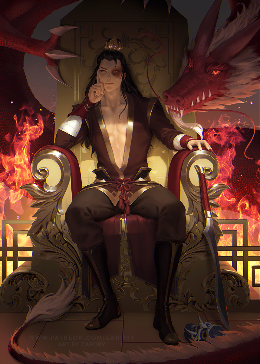 1boy artist_name avatar:_the_last_airbender avatar_(series) black_hair closed_mouth collarbone dragon eastern_dragon english_text fire hair_ornament hand_on_own_cheek hand_on_own_face highres long_hair long_sleeves looking_at_viewer mask mask_removed pectorals scar scar_on_face sitting sword throne weapon web_address zarory zuko
