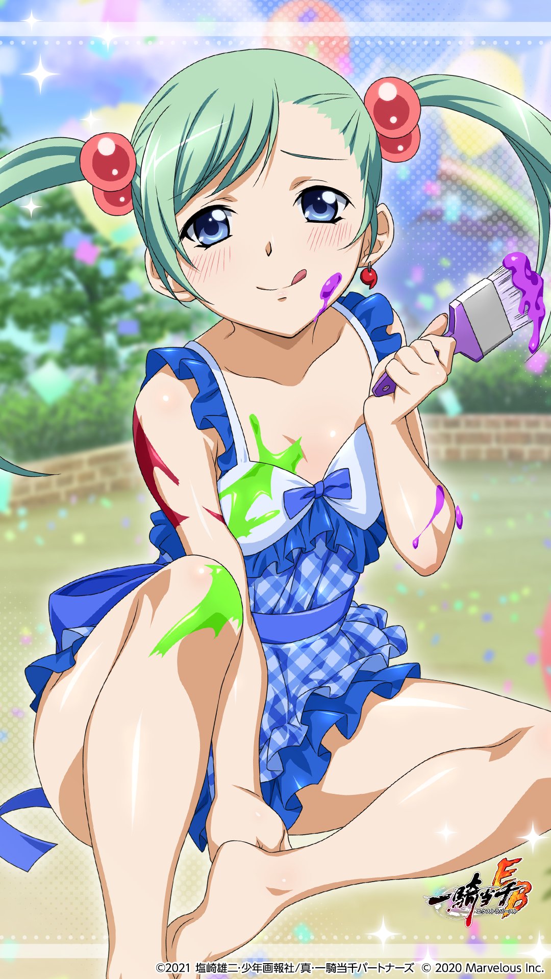 1girl :q aqua_hair bangs bare_legs barefoot blue_dress blue_eyes blurry blurry_background blush closed_mouth collarbone copyright_name dress flat_chest floating_hair hair_bobbles hair_ornament highres holding holding_brush ikkitousen long_hair looking_at_viewer official_art plaid plaid_dress shiny shiny_hair shokatsuryou_koumei short_dress sitting sleeveless sleeveless_dress smile solo swept_bangs tongue tongue_out twintails