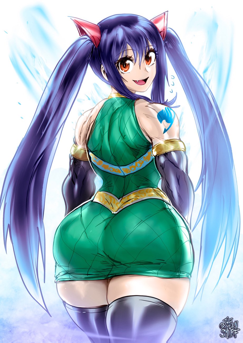 1girl aged_up alternate_muscle_size artist_name ass ass_focus back bare_shoulders black_thighhighs blue_hair butt_crack cat_hair_ornament dress fairy_tail fairy_tail_logo fang feet_out_of_frame green_skirt hair_between_eyes hair_ornament highres huge_ass long_hair looking_at_viewer looking_back muscular muscular_female open_mouth orange_eyes shirt shoulder_tattoo signature simple_background skirt sleeveless sleeveless_dress sleeveless_shirt smile tattoo the_golden_smurf thick_thighs thighhighs thighs twintails wendy_marvell wide_hips