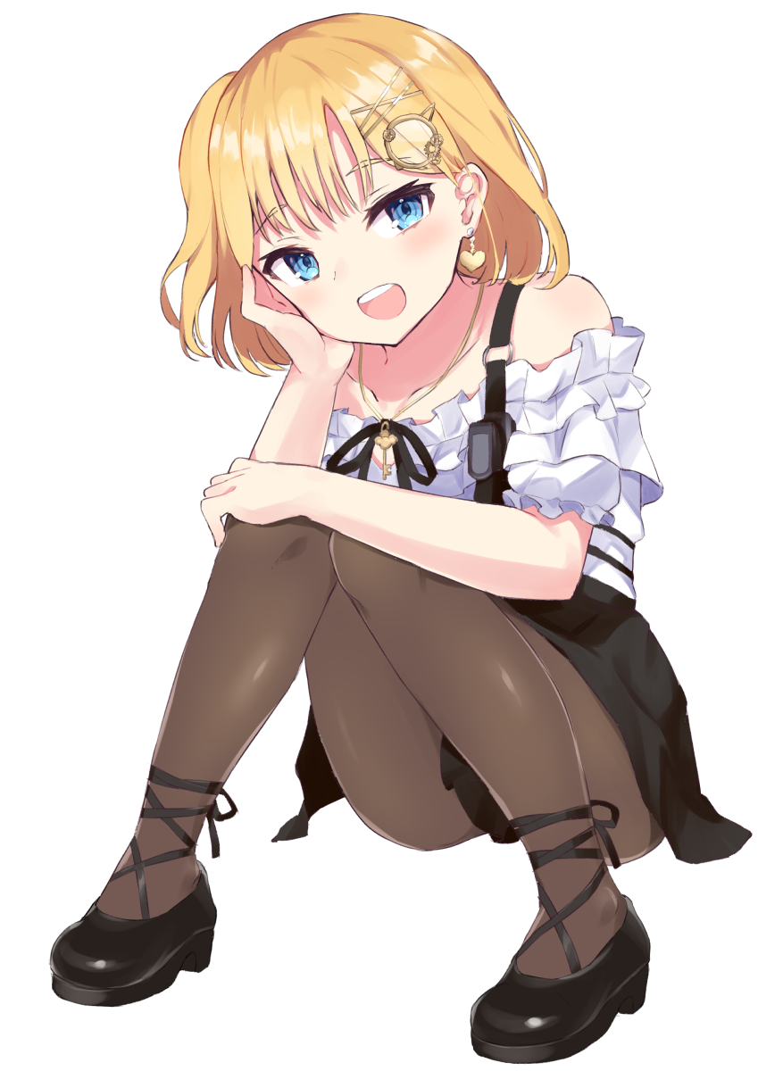 1girl :d bare_shoulders black_footwear black_skirt blonde_hair blue_eyes brown_pantyhose commentary earrings fragir frilled_shirt frills full_body hair_ornament hairclip head_rest heart heart_earrings high-waist_skirt highres hololive hololive_english holster jewelry looking_at_viewer monocle_hair_ornament necklace off-shoulder_shirt off_shoulder official_alternate_hairstyle one_side_up open_mouth pantyhose shirt short_hair shoulder_holster skirt smile solo teeth upper_teeth virtual_youtuber watson_amelia white_skirt