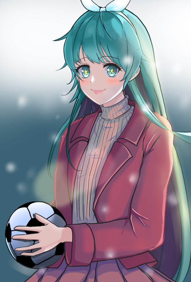 +_+ 1girl ball blush bow coat erica_(soccer_spirits) gradient gradient_background green_eyes green_hair hair_bow long_hair long_sleeves nalg red_coat ribbed_shirt shirt skirt smile snowing soccer_ball soccer_spirits solo very_long_hair white_bow