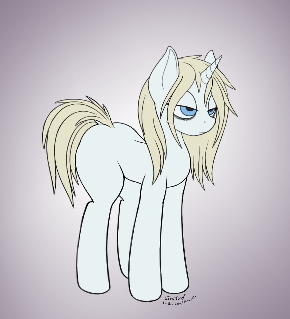 /mlp/ 4chan big_butt blonde_hair blue_eyes bored butt dock equid equine feral girly hair hasbro holding_object hooves horn horse jessijinx male mammal mane my_little_pony neet pale_fur pony sketch solo standing thick_thighs tired tired_eyes trap_(contrivance) unicorn wide_hips