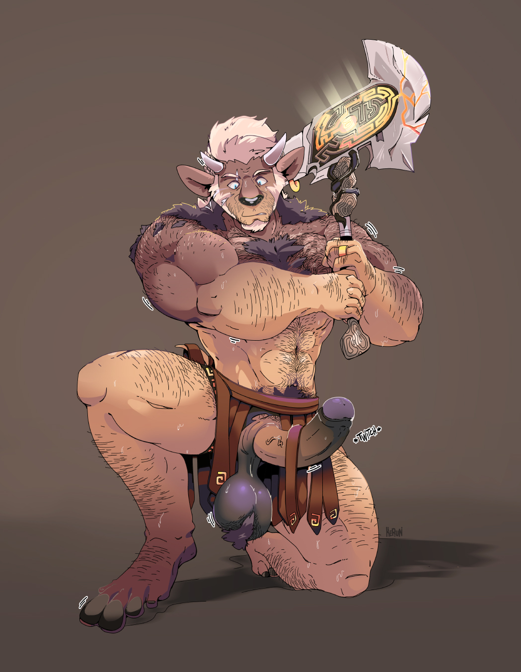 anthro armor axe balls battle_axe bovid bovine digitigrade erection european_mythology genitals greek_mythology hi_res hooves horn human kerun leather leather_armor male mammal melee_weapon minotaur mythology penis pteruges snout solo transformation weapon