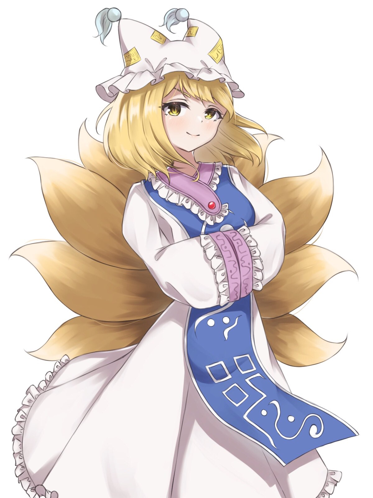 1girl blonde_hair closed_mouth dress fox_tail hands_in_opposite_sleeves hat highres kitsune long_sleeves looking_at_viewer multiple_tails pillow_hat short_hair simple_background smile solo tabard tail touhou white_background white_dress white_headwear yakumo_ran yellow_eyes yozakura223