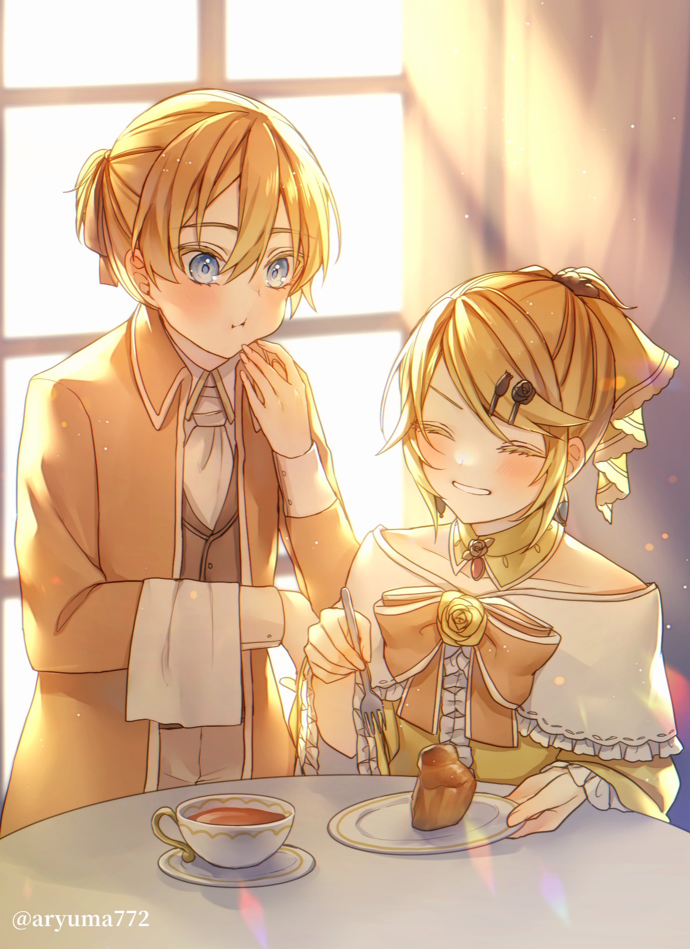1boy 1girl :t ^_^ aku_no_meshitsukai_(vocaloid) aku_no_musume_(vocaloid) allen_avadonia aryuma772 ascot bangs bare_shoulders blonde_hair blue_eyes bow brioche brooch brother_and_sister chewing choker closed_eyes collared_shirt colored_eyelashes cup curtains dress dress_bow earrings eating evillious_nendaiki food fork frilled_choker frilled_dress frilled_sleeves frills grin hair_between_eyes hair_ornament hair_ribbon hairclip happy highres holding holding_fork jacket jewelry kagamine_len kagamine_rin light_particles light_rays orange_bow pastry puffy_cheeks ribbon riliane_lucifen_d'autriche shirt short_ponytail siblings smile strapless strapless_dress swept_bangs tea teacup twins twitter_username updo vocaloid wide_sleeves window yellow_bow yellow_choker yellow_dress yellow_jacket