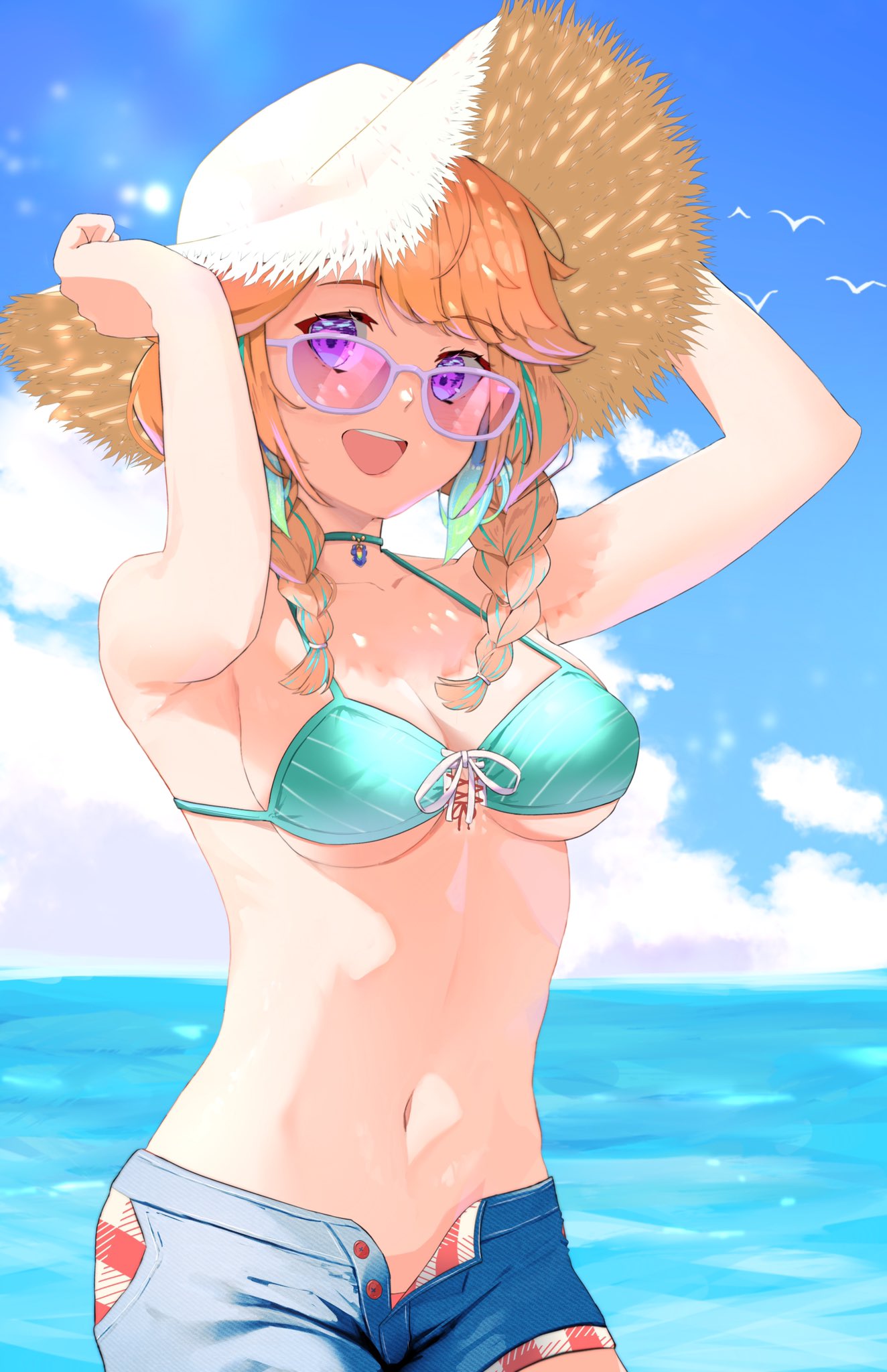 1girl armpits arms_up bad_anatomy bad_arm bikini bikini_top_only bird braid breasts choker cleavage commentary earrings feather_earrings feathers front-tie_bikini_top front-tie_top gradient_hair hat highres hololive hololive_english jewelry looking_at_viewer medium_breasts midriff multicolored_hair navel nyaanite ocean official_alternate_costume open_clothes open_shorts orange_hair purple_eyes seagull short_shorts shorts sky smile solo straw_hat sunglasses swimsuit takanashi_kiara twin_braids unbuttoned unbuttoned_shorts virtual_youtuber