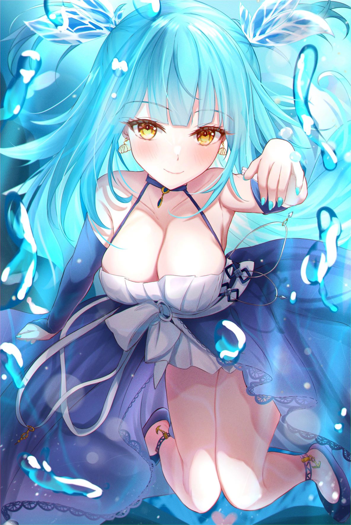1girl anchor_symbol aqua_hair azur_lane blue_nails breasts bubble collarbone dress earrings highres jewelry large_breasts long_hair neptune_(azur_lane) o-ring smile solo umidemi white_dress yellow_eyes