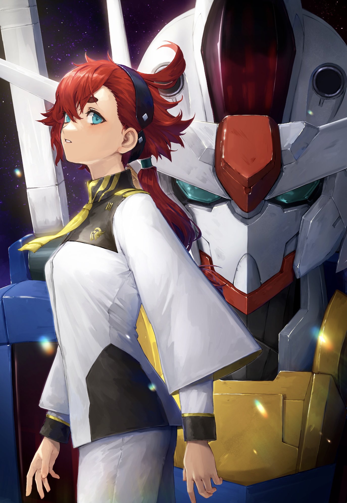 1girl ahoge asticassia_school_uniform bangs black_hairband commentary_request green_eyes gundam gundam_aerial gundam_suisei_no_majo hairband highres kouzuki_kei long_sleeves looking_at_viewer low_ponytail mecha mobile_suit red_hair robot school_uniform suletta_mercury v-fin