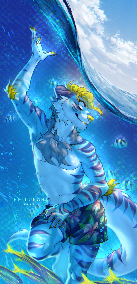 2022 5_fingers anthro blonde_hair chest_tuft clothed clothing digital_media_(artwork) eyes_closed fingers fish fur group hair hi_res male marine reilukah shirtless solo_focus tuft yellow_nose