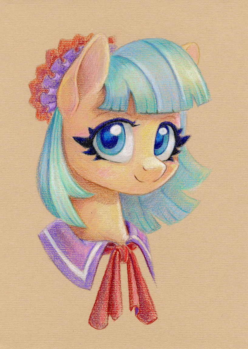 2022 accessory blue_eyes blue_hair bust_portrait coco_pommel_(mlp) colored_pencil_(artwork) earth_pony equid equine eyelashes female feral flower flower_in_hair friendship_is_magic fur hair hair_accessory hasbro horse mammal maytee my_little_pony plant pony portrait ribbons signature simple_background solo tan_background tan_body tan_fur three-quarter_view traditional_media_(artwork)
